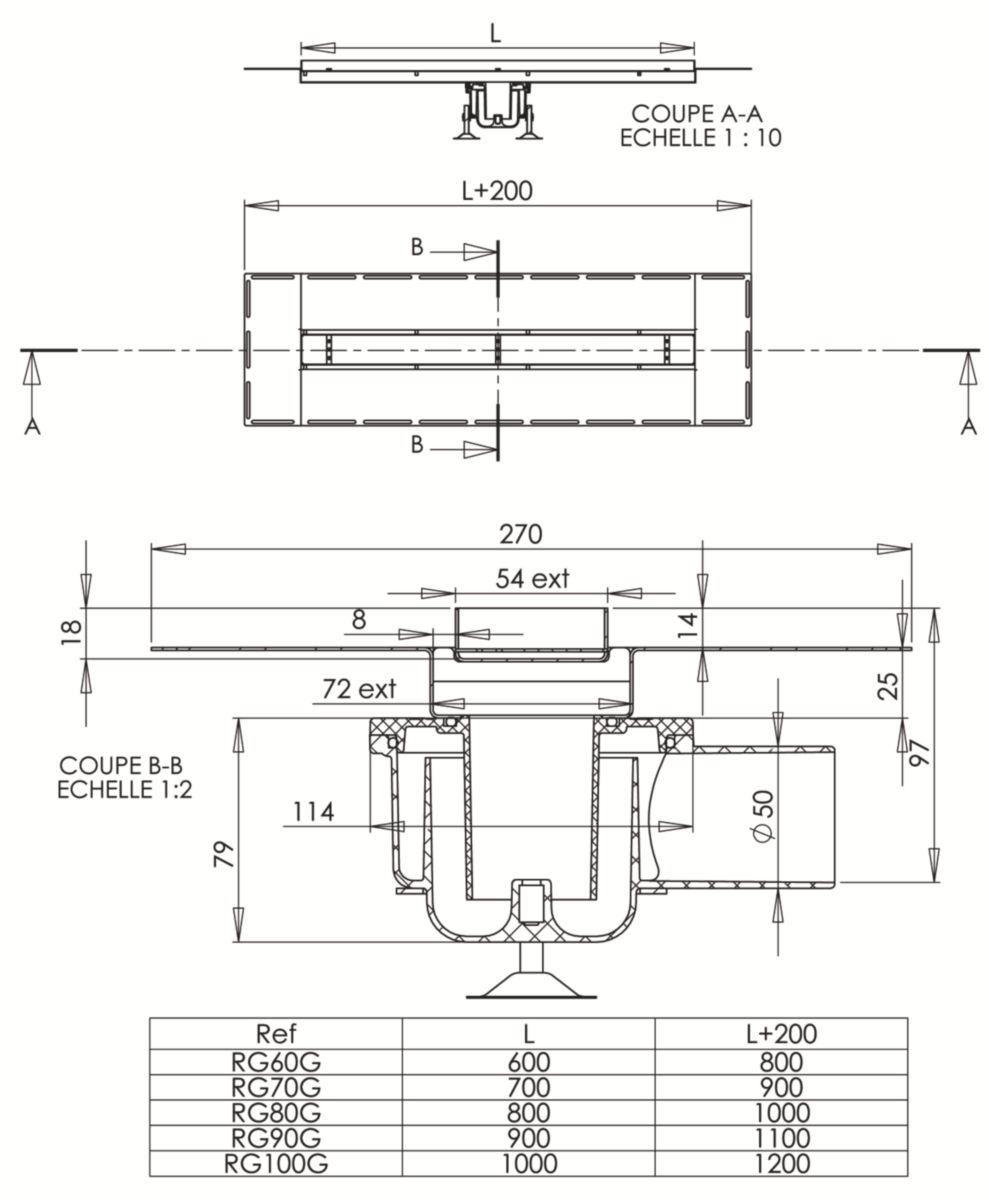 Caniveau plat Rivage à garnir en acier inox pour douche italienne, cuve de dimensions 600x70mm, de profondeur 25mm, Evacuation orientable D50mm réf. RG60G