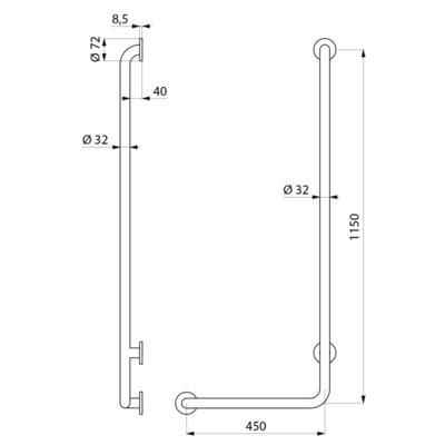 Barre en L de douche diamètre 32 mm 1150 x 450 mm Inox réf. 5071GP2