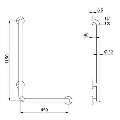 Barre en L de douche inox droite diamètre 32 mm fixations invisibles 450 x 1150 réf. 5071DP2