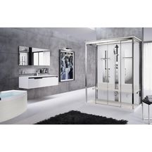 Cabine de douche droite avec hammam Skill 2A 160x97 en verre transparent blanc doux bandeaux et siège blanc doux (receveur bas) réf. SKI2A160DT5-1UU