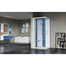 Cabine de douche droite avec hammam Skill 2A 160x97 en verre transparent blanc doux bandeaux et siège blanc gris (receveur bas) réf. SKI2A160DT5-1UN1