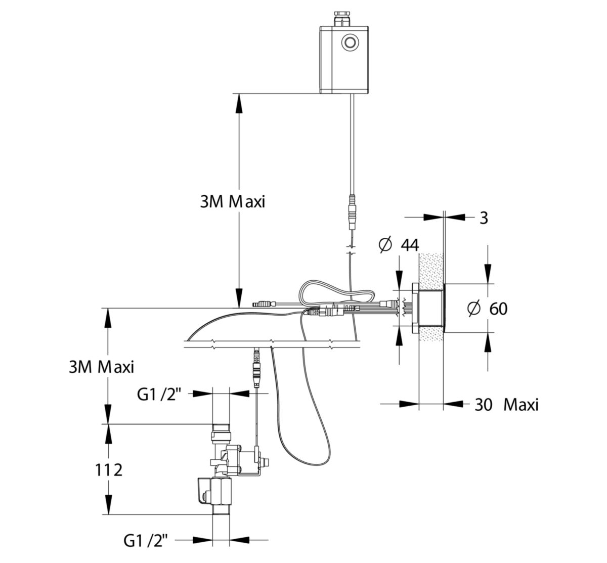 Kit urinoir électronique à installer en galerie technique pour cloison mince de 1 à 30mm. Débit: 8l/min avec régulateur de débit livré. Temporisation: 6s. Portée préréglée à 550mm, réglable par Prestocom®. Alim: secteur,  G1/2''