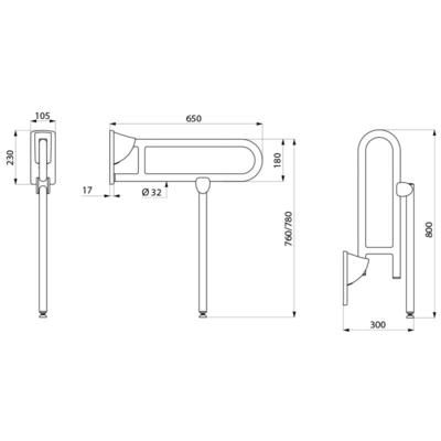 Barre relevable avec béquille D 32 L 650 inox poli brillant réf. 510162P