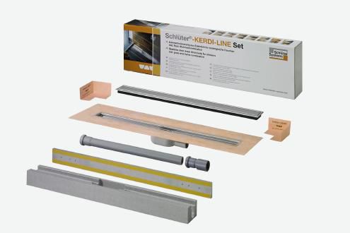 Kit KERDI LINE caniveau en acier inox V4A évacuation horizontale (DN40) Grille Design A avec cadre de 19 mm longueur 90cm réf. KLA19EB90S1