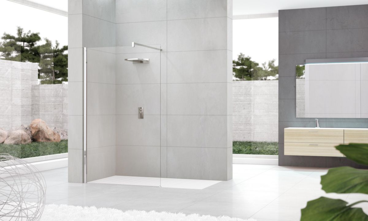 Paroi de douche fixe KUADRA 70 cm extensible de 67 cm à 70 cm en verre transparent 8 mm et profilé chromé, barre de renfort 150 cm incluse Réf. KUADH70-1K