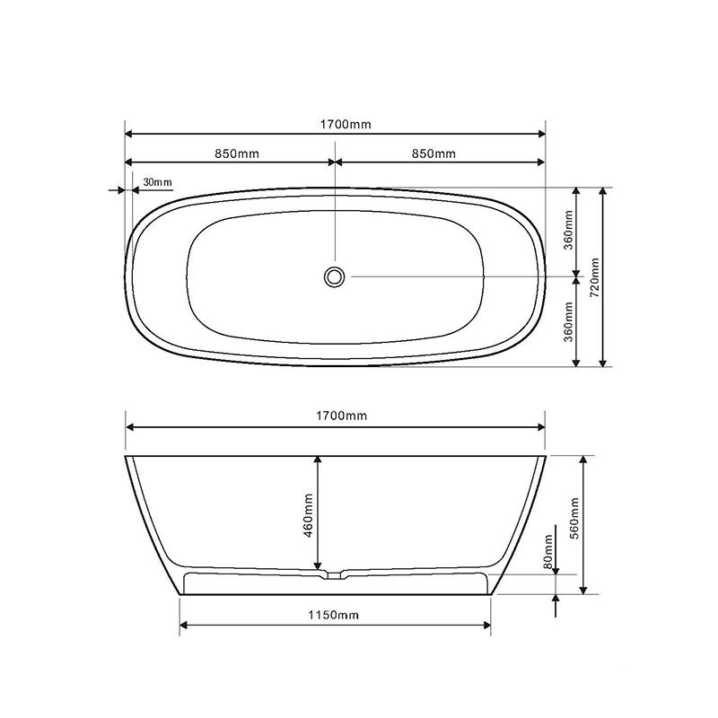 Baignoire ilot LUCIA 170 cm avec trop plein finition blanc mat Réf. NS-0368