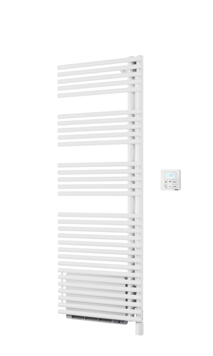 Sèche-serviette électrique Acova Cala Twist Air , pivot à droite, commande infrarouge IRS + soufflant 1000W, puissance 750W, hauteur 1476 mm, largeur 496 mm, Blanc RAL 9016 Réf. TLNRT145-050IFS