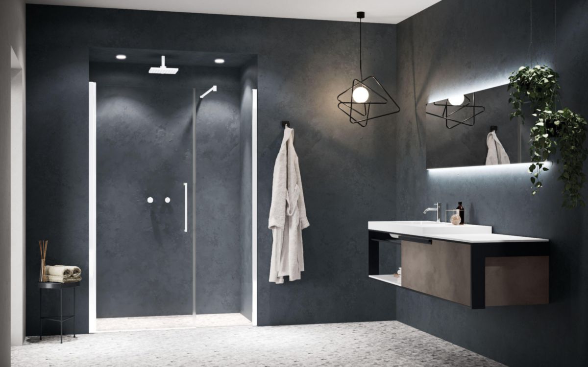 Porte de douche pivotante avec un fixe en alignement Young Gfl 117 extensibilité 117-121Cm verre trempé transparent profilés blanc Mat Réf : Y2GFL117-1U