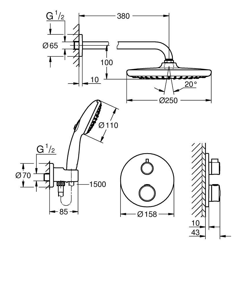 Pack façade pour douche encastrée Mono avec Tempesta 250 / Grohtherm Chromé réf. 1039960000