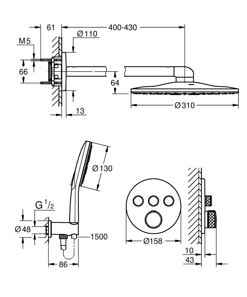 Pack façade pour douche encastrée Duo avec Rainshower SmartActive 310 / Grohtherm SC Chromé réf. 103997000