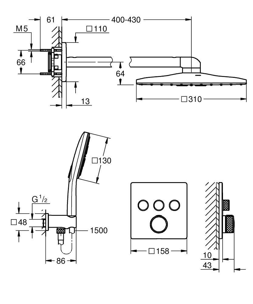 Pack façade pour douche encastrée Duo Rainshower SmartActive 310 Cube / Grohtherm SC Chromé réf. 103998000