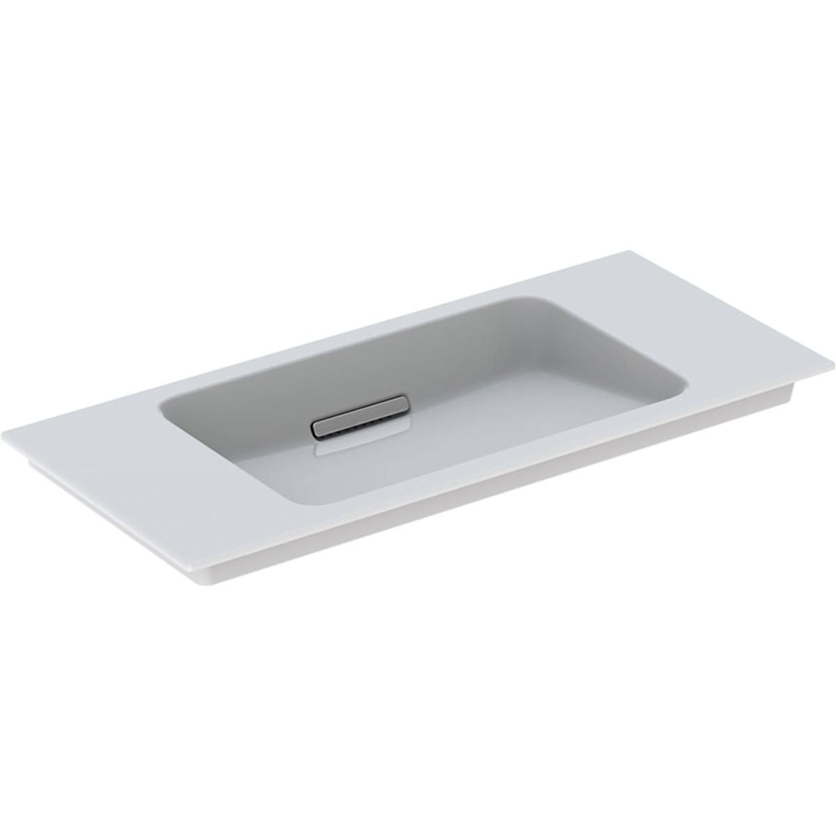 Lavabo pour meuble Geberit ONE sortie horizontale, compact, 90x40cm, sans trou de robinetterie, trop-plein dissimulé, blanc, KeraTect, chromé brossé Réf. 500.395.01.2