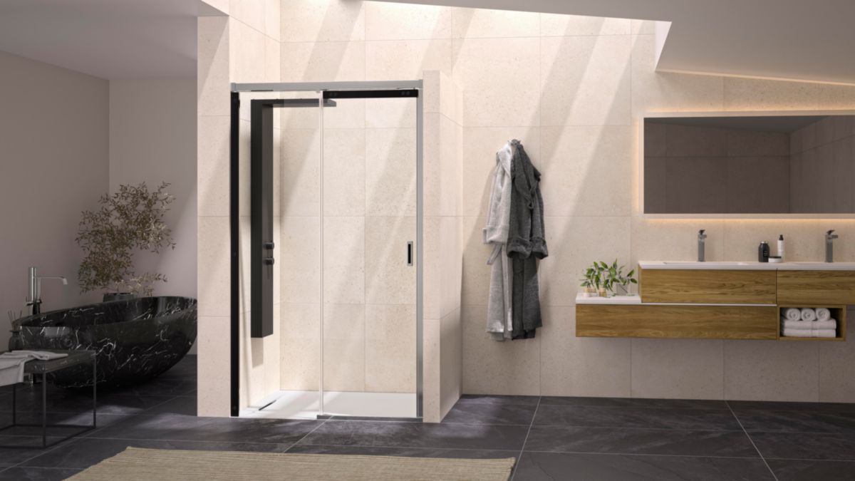 Paroi de douche Flat C porte coulissante pour montage en niche  140cm fixe à gauche profilé chromé et poignée intégrée Réf. PA765CTNEG