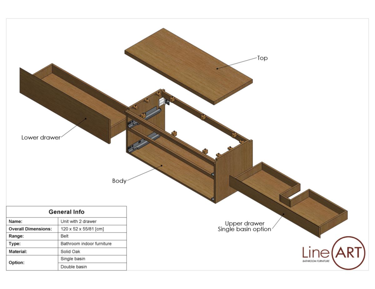 Caisson BELT 2 tiroirs L120xP52xH55 cm + plan en chêne épaisseur 4cm pour 1 ou 2 vasques Réf. 5.10.010