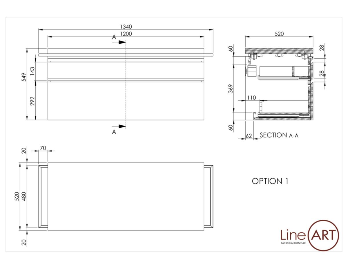 Caisson BELT 2 tiroirs L120xP52xH55 cm + plan en chêne épaisseur 4cm pour 1 ou 2 vasques Réf. 5.10.010