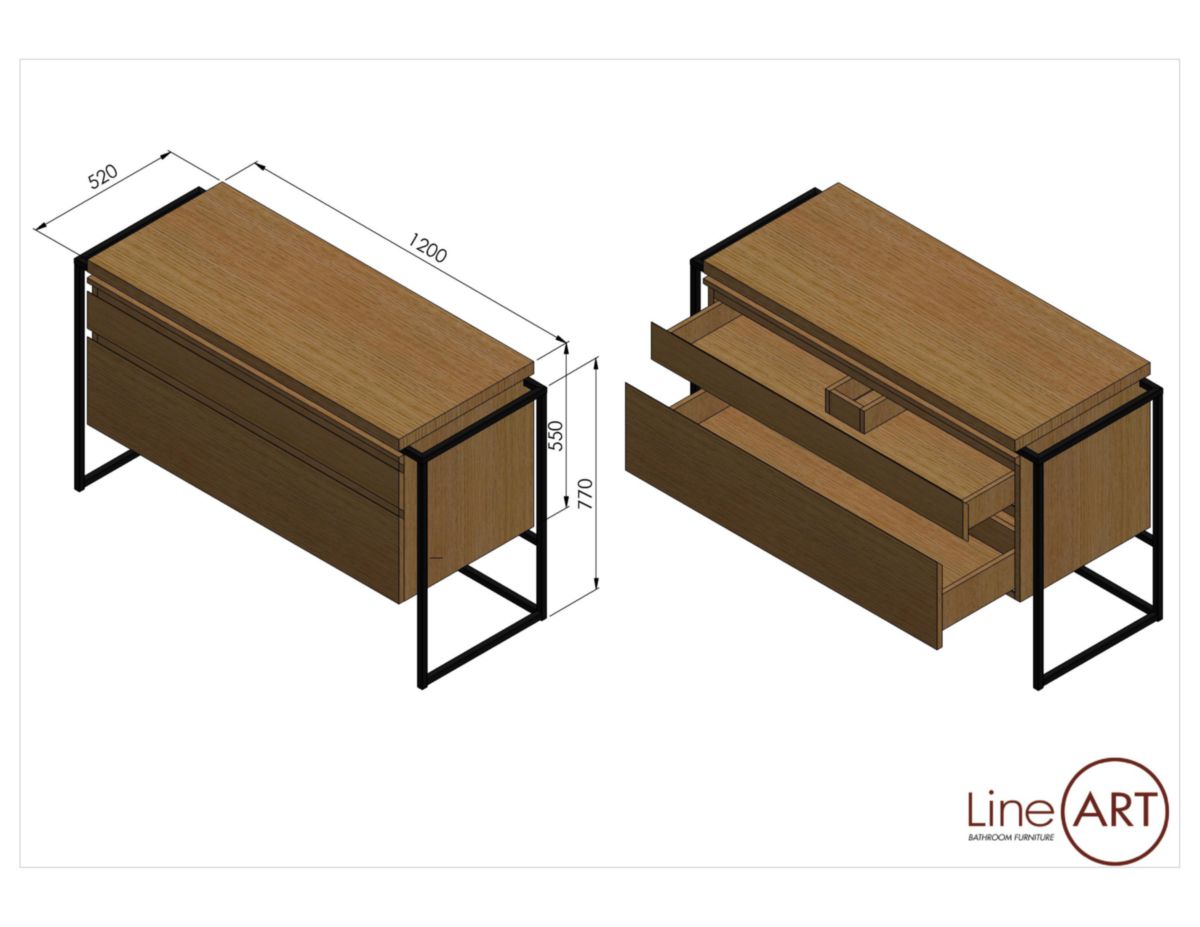 Caisson BELT 2 tiroirs L120xP52xH55 cm + plan en chêne épaisseur 4cm pour 1 ou 2 vasques Réf. 5.10.010