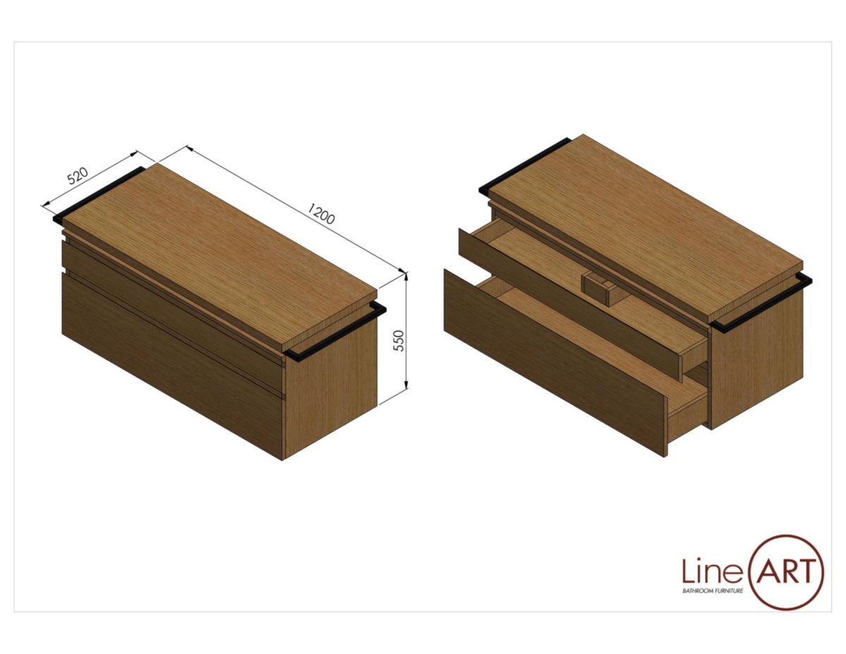 Caisson BELT 2 tiroirs L120xP52xH55 cm + plan en chêne épaisseur 4cm pour 1 ou 2 vasques Réf. 5.10.010
