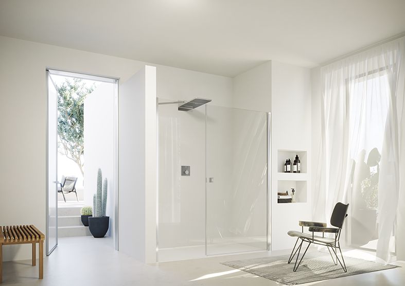 Porte battante avec paroi annexe en niche SolvaPro avec cadre partiel Carré , argent brillant, verre clair 8 mm, L118.5 - 121.5 H200 cm, Fixation à droite réf : 7T3004092322