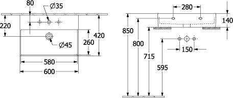 Lavabo Memento 2.0 600x420x135 mm avec trop plein blanc meulé Réf. 4A226G01