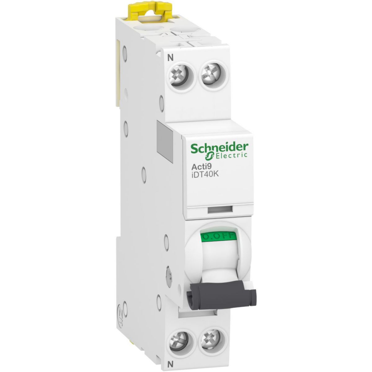 Acti9 iDT40K - disjoncteur modulaire - 1P+N - 2A - courbe C 4500A Icn conformément à EN 60898 - 230 V AC 50/60 Hz / 4,5kA Icu conformément à EN/IEC 60947-2 - 230..240V AC 50/60 Hz - Rail DIN - NF - largeur 2 pas de 9mm Réf. A9P71602