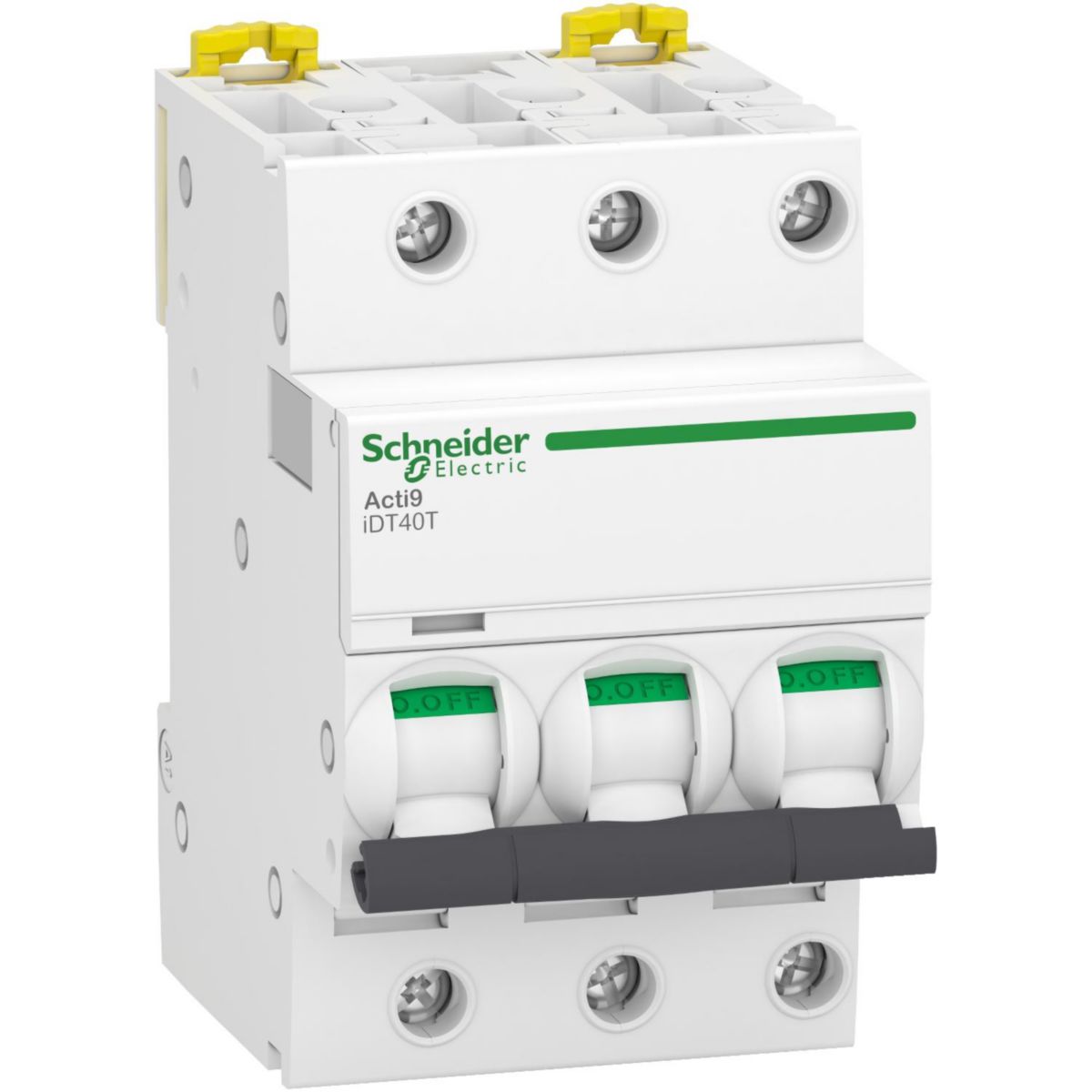 Acti9 iDT40T - disjoncteur modulaire - 3P - 40A - courbe C - 4500A Icn conformément à EN 60898 - 400V AC 50/60 Hz / 6kA Icu conformément à EN/IEC 60947-2 - 400..415V AC 50/60 Hz - Rail DIN - NF - largeur 6 pas de 9mm Réf. A9P22340