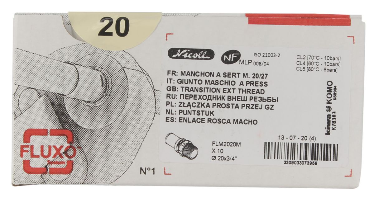 Manchon à sertir à visser mâle fixe Fluxo laiton diamètre 20x3/4mm réf. FLM2020M