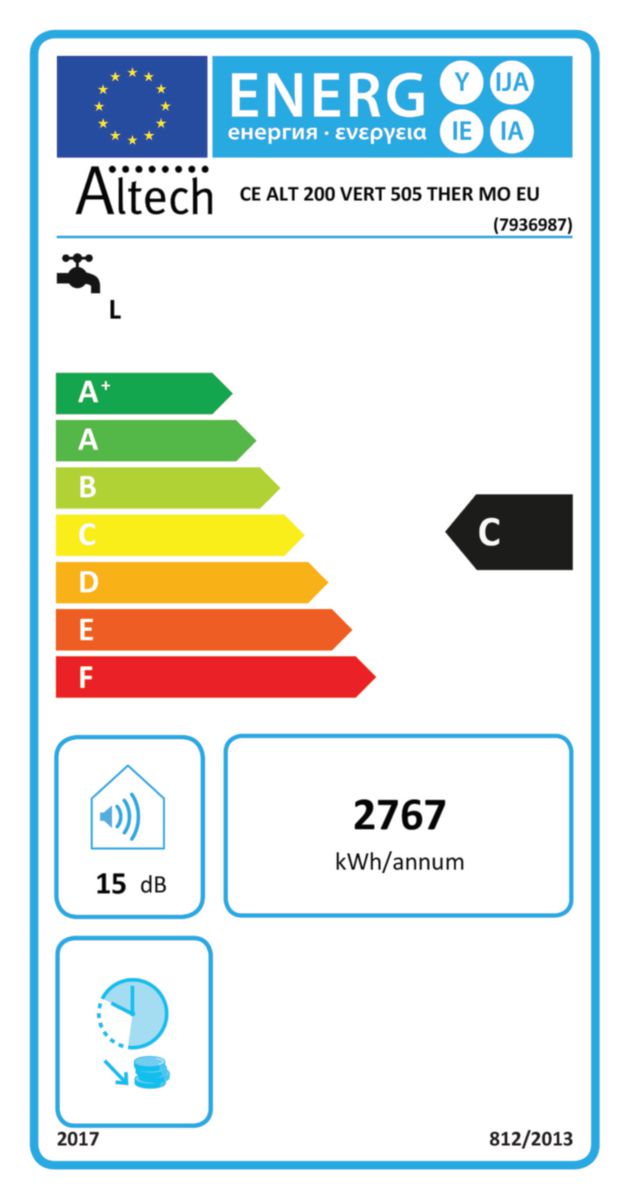 Chauffe-eau électrique blindé ALTECH 200 litres diamètre 505 vertical EU Classe énergétique C