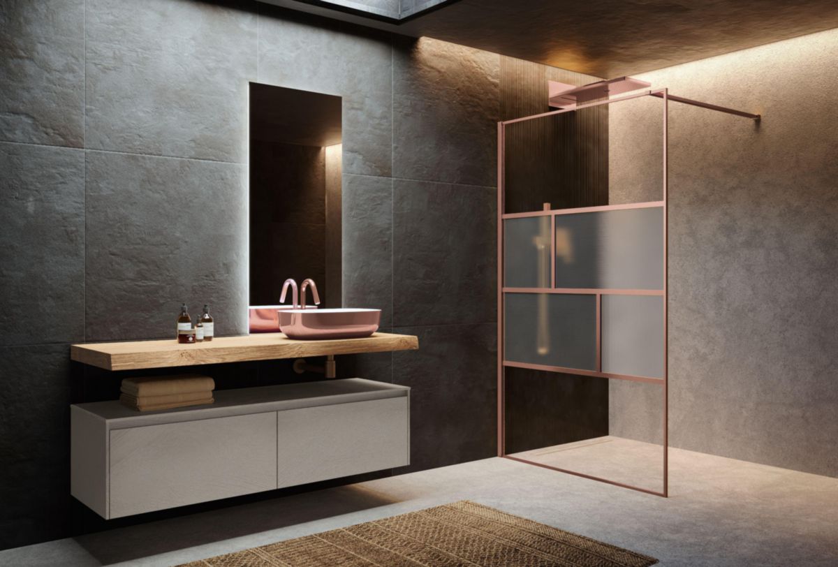 PAROI WALK-IN AVEC LES INSERTS HART HC 100 EXTENSIBILITÉ 97-98,5 CM VERRE TREMPÉ LINEA 1 PROFILÉS OR ROSE BROSSÉ