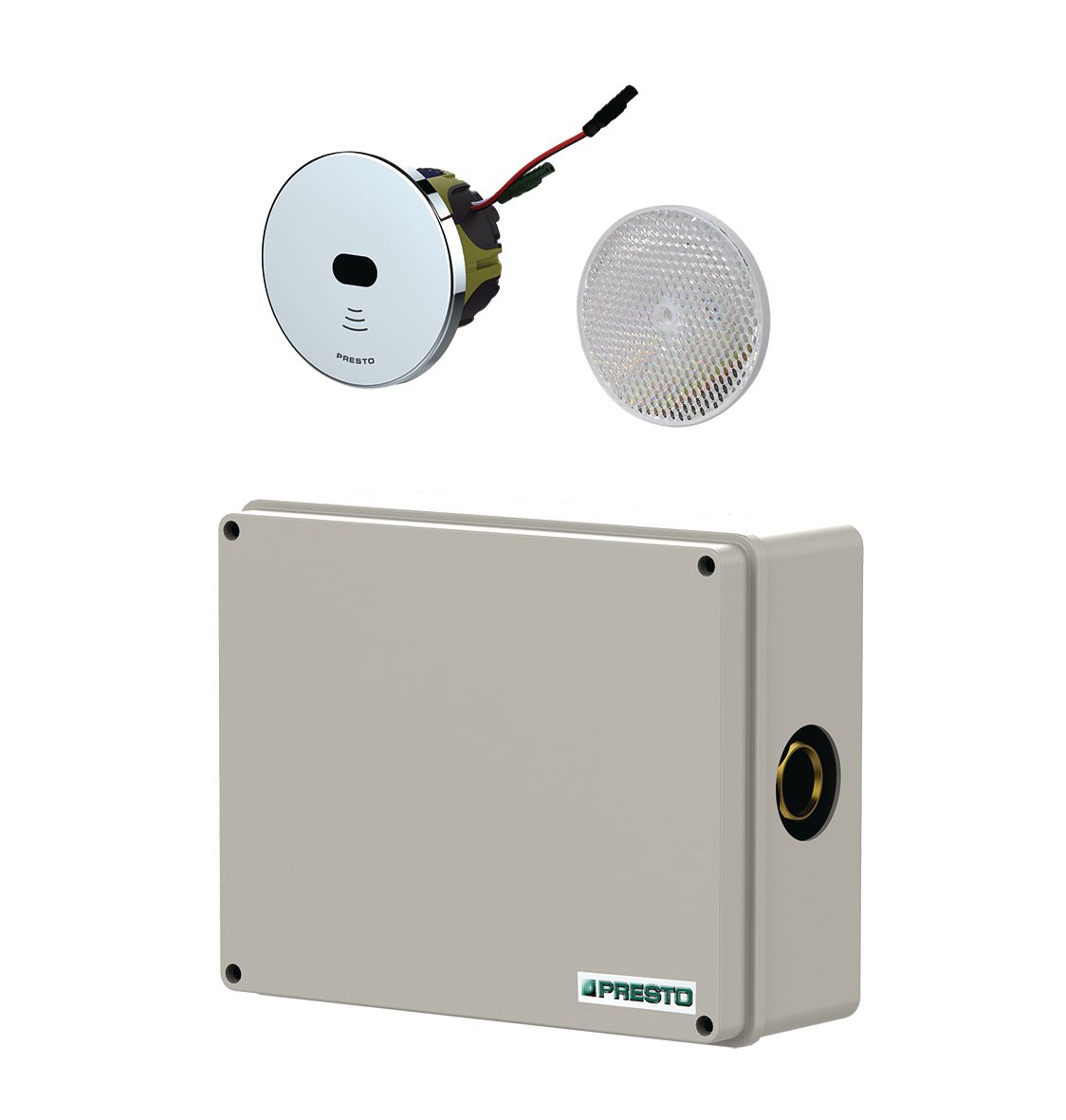 Détection modulaire murale PRESTO pour batterie d'urinoirs encastré. Déclenchement électronique sans contact. Débit: 110l/min. Temporisation 6sec. Alimentation secteur 230V. Entrée F G1" et sortie F G3/4". Démontable par l'avant.