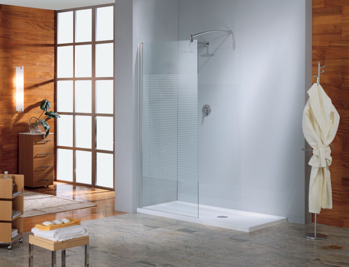 Paroi de douche LUNES H 100 cm extensible 97 cm à 98,5 cm, fixe, avec barre de renfort de 70 cm extensible jusqu'à 100 cm, réversible, en verre transparent et profilé chromé Réf. LUNESH100-1K