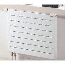 Radiateur eau chaude Acova Fassane Pack horizontal, double sans ailettes, 1726W (dT50), Haut. 740 mm, Larg. 1420 mm, 10 éléments, racc. par le bas entraxe 50mm côté, insert latéral haut, appareil réversible G/D, Blanc RAL 9016 Réf. VSXD-074-140