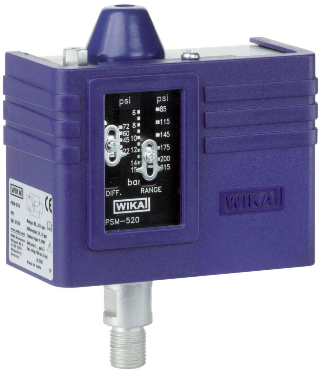 Pressostat PSM520 -0.4/+7b G1/4B - fonction SPDT - parties en contact avec le fluide : alliage de cuivre - température maximale du fluide : -20/+70°C Réf. PSM520B1M