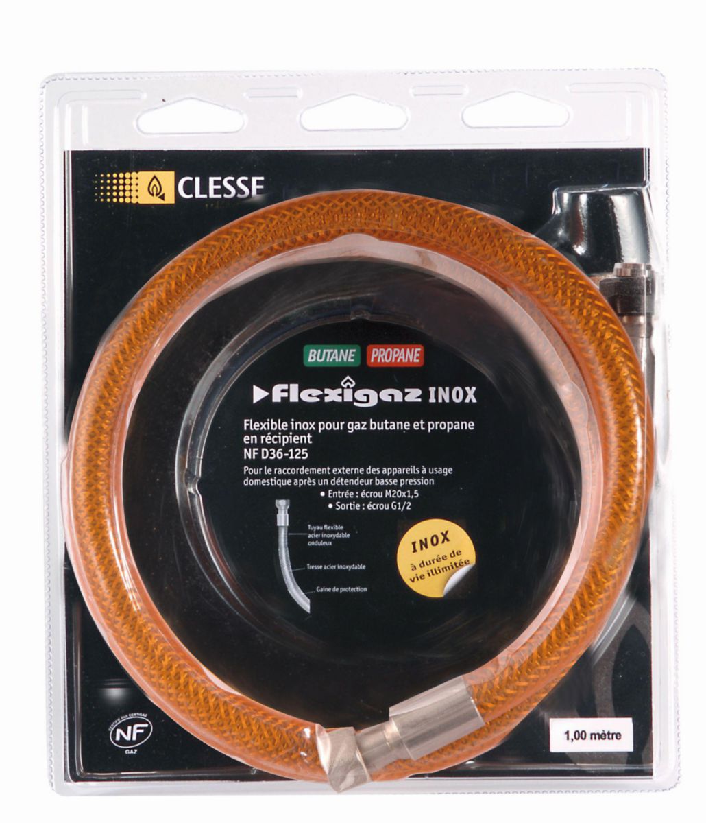 Tuyau Flexible gaz à raccords mécaniques FLEXIGAZ en inox pour butane propane Long. 1.5 m Réf P010650