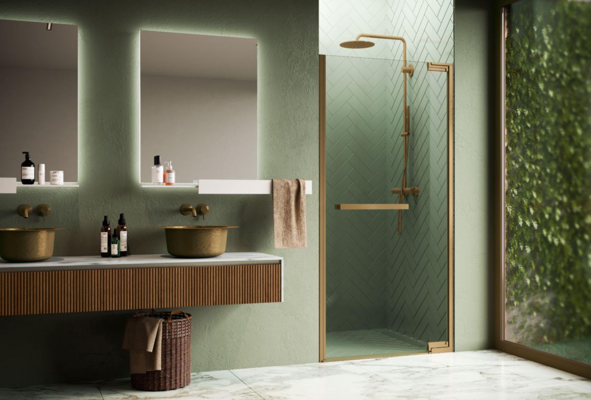 Porte pivotante en niche N180 1B 80 extensibilité 78,5-80 cm verre trempé transparent profilés Bronze Brossé Réf : N1801B80-1Q