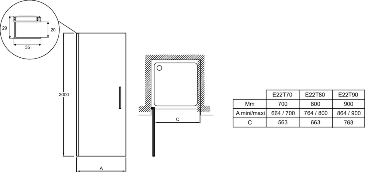 Porte de douche pivotante Contra 90 cm Réf. E22T90-GA