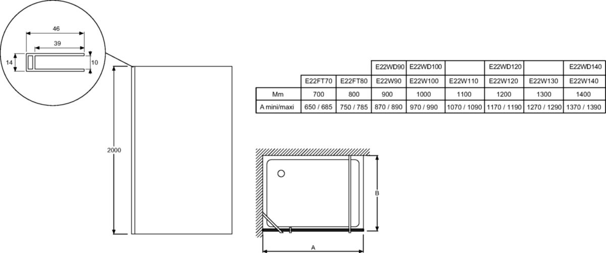 Paroi de douche latérale fixe Contra 90 cm Réf. E22FT90-GA