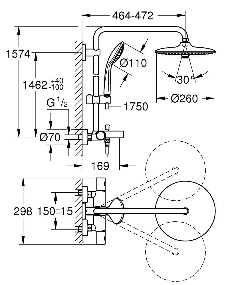 Colonne de douche avec thermostatique Bain/Douche chromé Euphoria System 260 Réf. 27475002