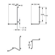 Barre de douche d'angle avec barre verticale de diamètre 32mm. 4 points de fixation. 660 x 560 x 1150 mm. Modèle droit. Réf. 60332