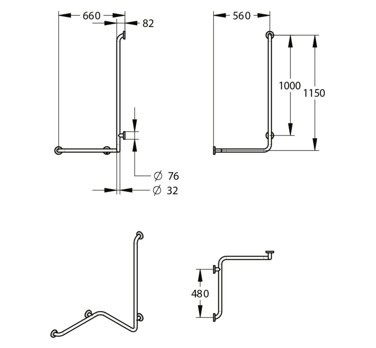 Barre de douche d'angle avec barre verticale de diamètre 32mm. 4 points de fixation. 660 x 560 x 1150 mm. Modèle droit. Réf. 60332