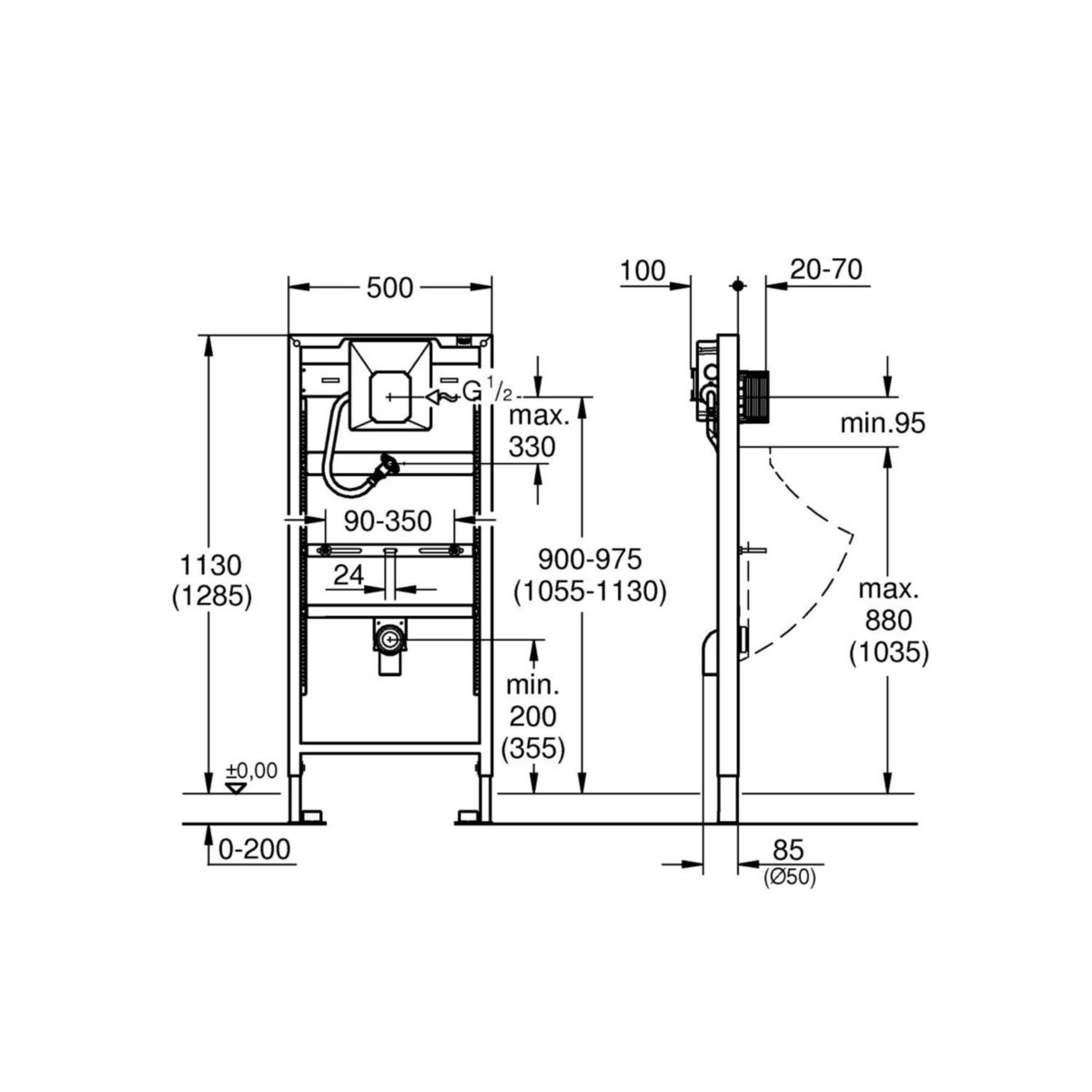 Bâti-support RAPID SL pour urinoir, avec GROHE Rapido U, pour plaque de commande manuelle ou commande Tectron infra-rouge électronique 6V ou 230V, hauteur 1,13 et 1,30 m, réf. 38786001