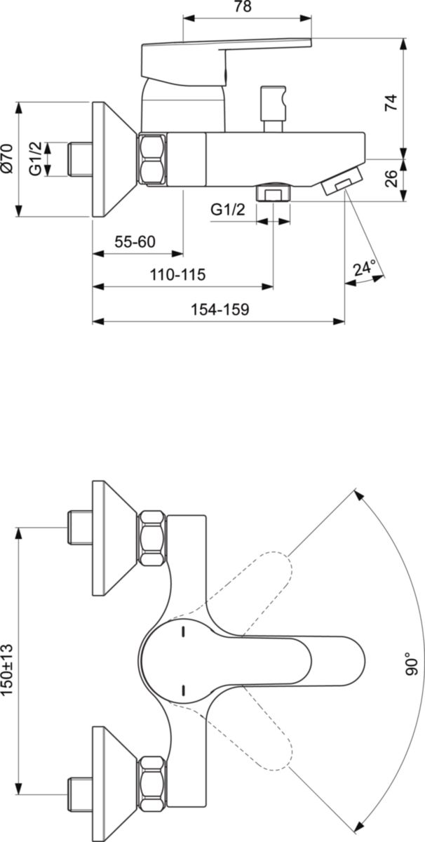 Mitigeur de bain-douche Olyos C2 avec raccord mural sans ensemble douche réf. D1145AA