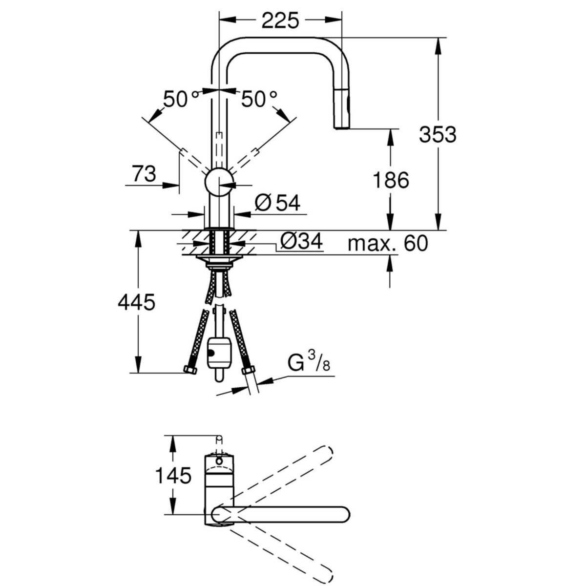 Mitigeur évier MINTA II monocommande 15 x 21, monotrou, bec haut orientable, mousseur extractible 2 jets (normal et pluie) Réf. 32322002