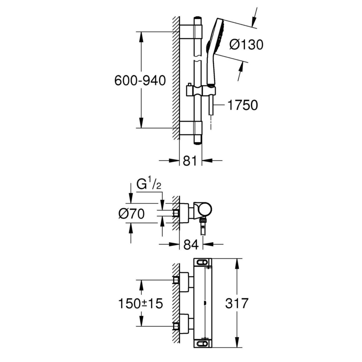 Mitigeur thermostatique douche GROHTHERM 2000 avec barre de douche 900 mm, douchette POWER&SOUL Cosmopolitan 130 mm (Réf 27663000) et flexible Silverflex 1750 mm (Réf 28388000) réf. 34482001