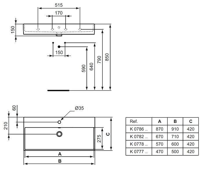 Lavabo STRADA 70 cm à poser rectifié ou à fixer au mur autoportant : Réf. K078201