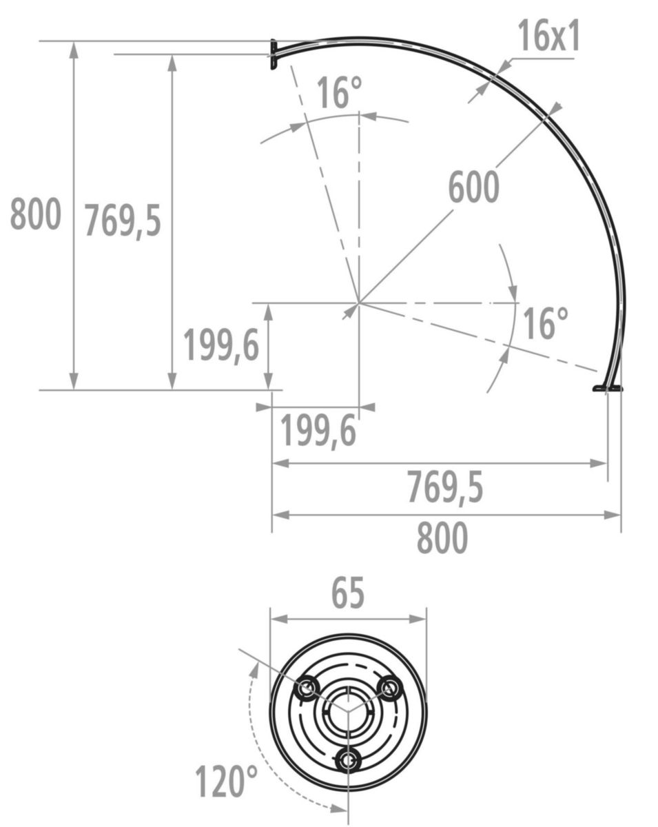 Porte-rideau d'angle 80 x 80 cm 1/4 de cercle, tube en laiton D 16 mm avec 2 rosaces soudées, nickelé chromé réf. 004433