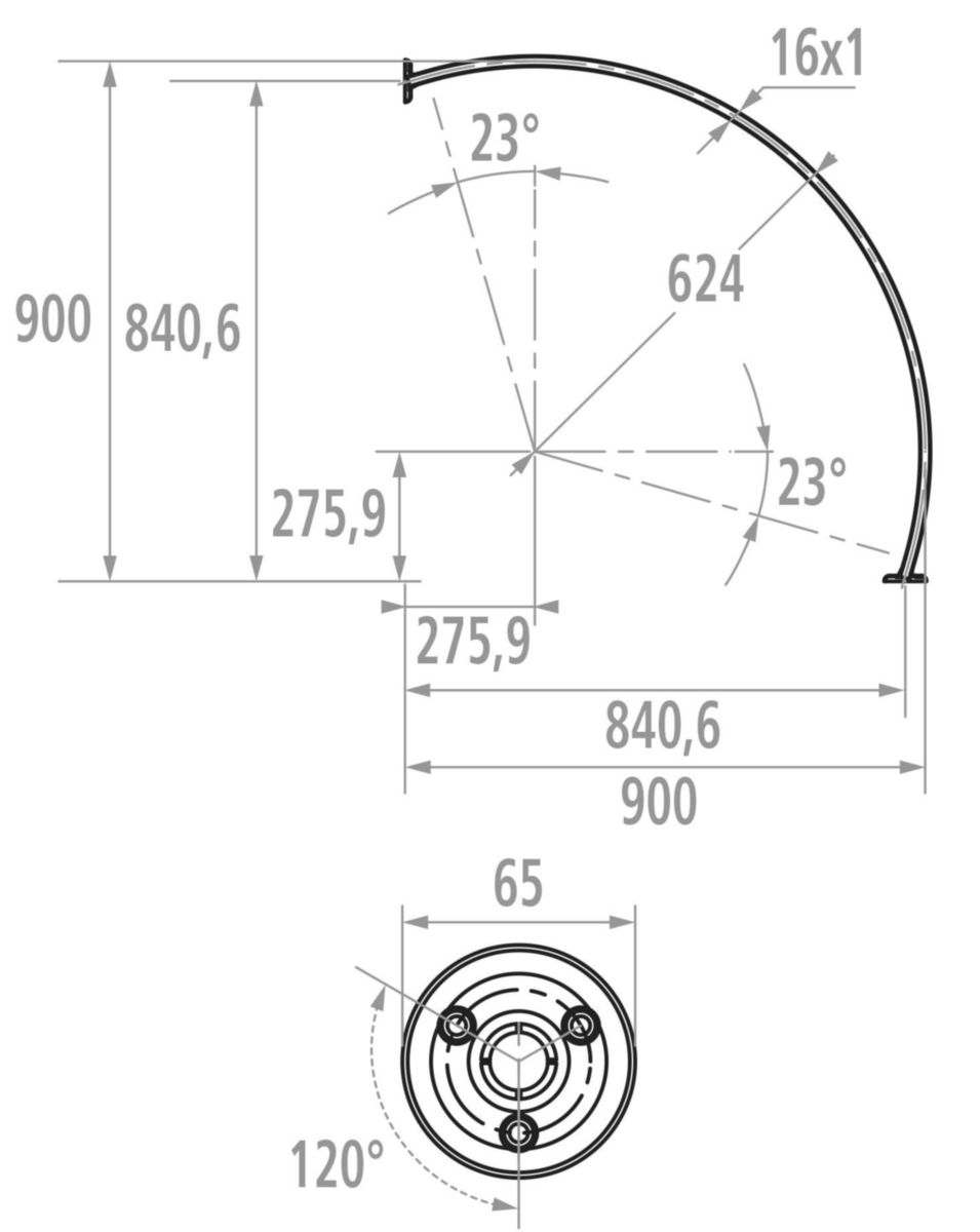 Porte-rideau d'angle 90 x 90 cm 1/4 de cercle, tube en laiton D 16 mm avec 2 rosaces soudées, nickelé chromé réf. 004434