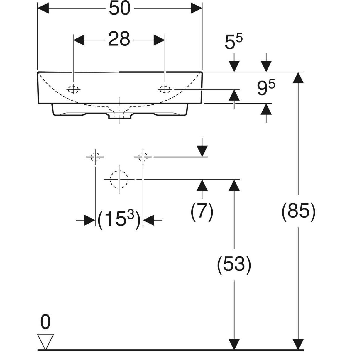 Lavabo Geberit ONE sortie verticale: B=50cm, T=40cm, Trou de robinetterie=Au centre, Trop-plein=Sans, blanc / KeraTect