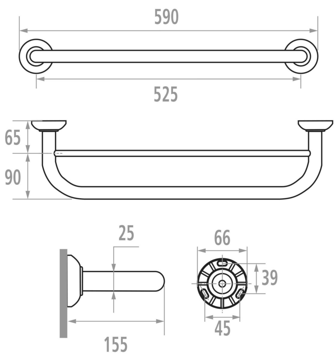 Porte-serviettes TRIOLO 2 branches fixes 52,5 cm, tube en acier D 25 mm, fixations invisibles, embases résine de synthèse, époxy blanc réf. 013260