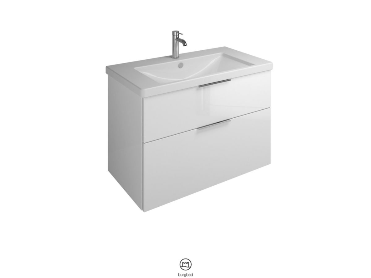 Ensemble EQIO SMART plan de toilette céramique largeur 93 cm avec meuble sous-vasque largeur 90 cm, 2 tiroirs, finition blanc brillant, poignée chromé Réf. SFSQ093F3666C0001G0146