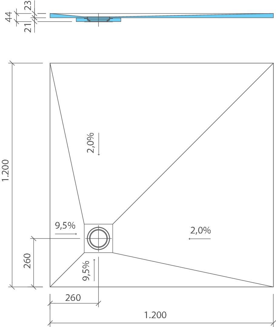 Receveur de douche Fundo Ligno Plus écoulement excentré 1200x1200x23mm Réf : 072070064